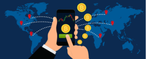 An illustration shows Bitcoin trading on a mobile, urging users to buy crypto via Coinmama.