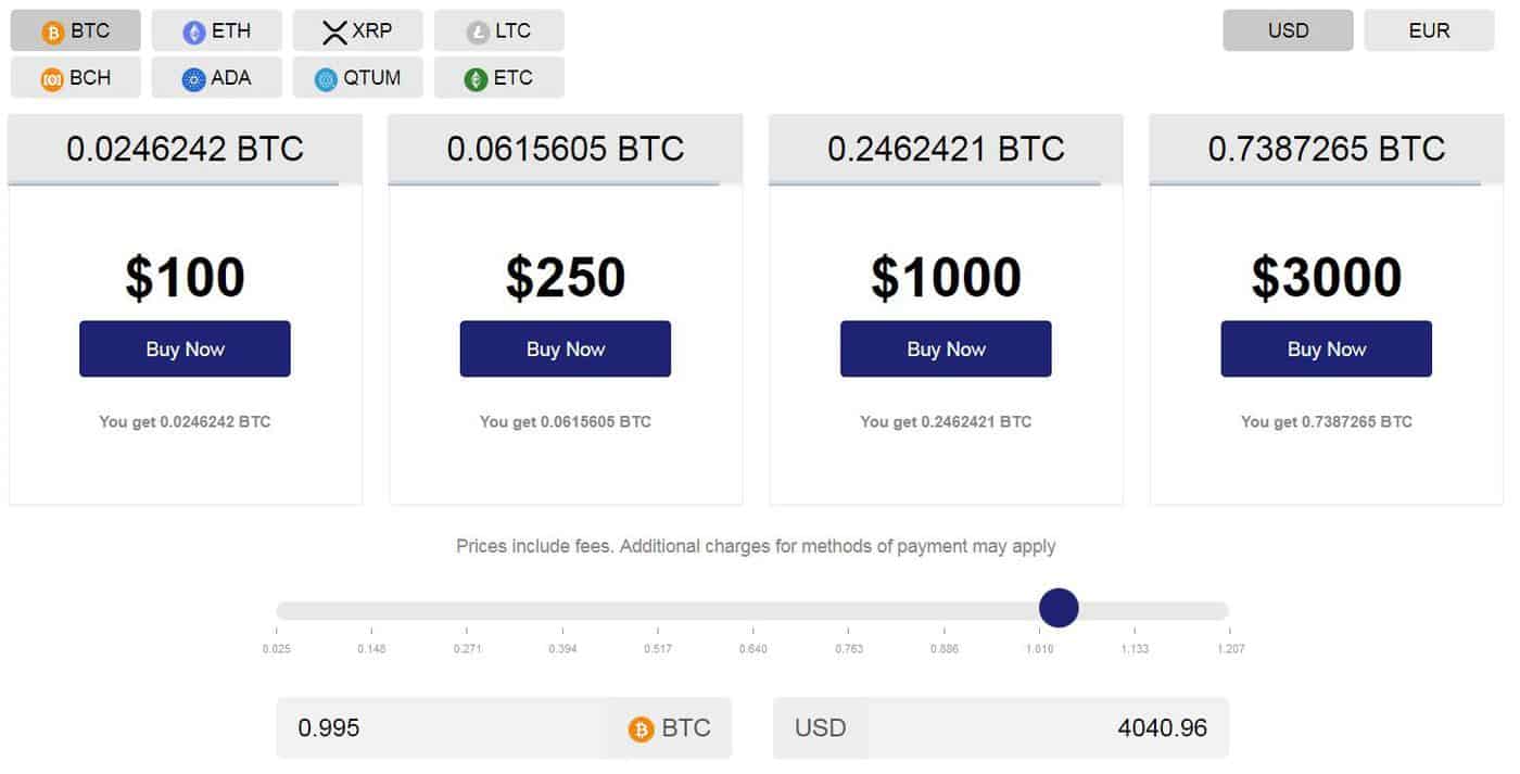 Coinmama interface: Buy Bitcoin with $100, $250, $1000, or $3000. Get 0.995 BTC for $4040.96.