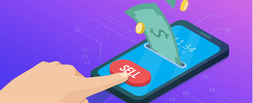 Illustration of a hand pressing "SELL" on a smartphone; coins and dollar bills emerge, symbolizing digital crypto transactions like buying Bitcoin on Coinmama.