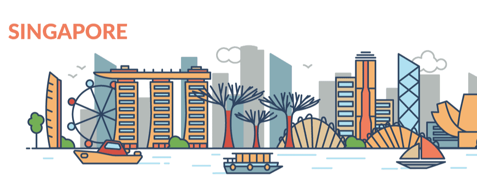 Illustration of Singapore skyline with landmarks; "SINGAPORE" text and Coinmama shoutout for buying bitcoin.