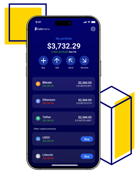 A smartphone shows the Coinmama app, displaying a $3,732.29 crypto portfolio with buy Bitcoin options.