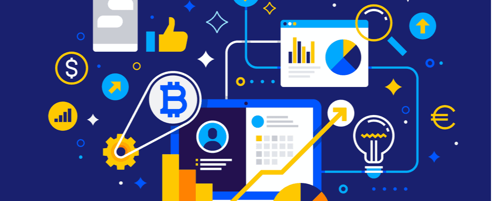 Illustration depicting crypto concepts, ideal for buying Bitcoin on Coinmama. Features icons and financial symbols.