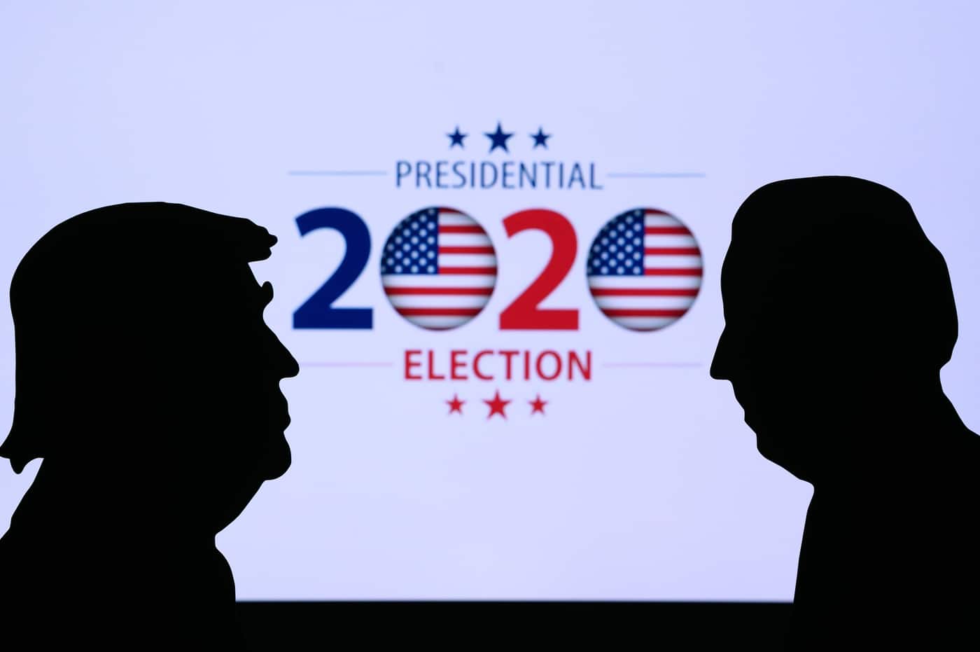 Silhouettes of two people face each other. "Presidential 2020 Election" text with U.S. flag motifs. Discuss BTC, buy crypto trends.