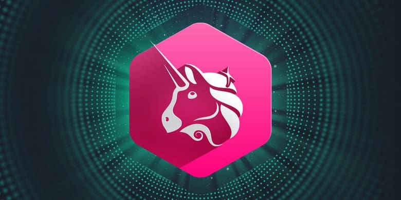 A white unicorn head icon on a digital background, similar to Coinmama where you can buy bitcoin.
