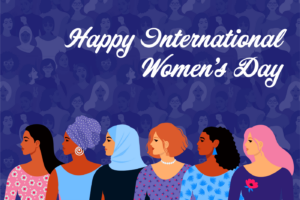 Illustration of diverse women with "Happy International Women's Day". Celebrate by visiting Coinmama to buy Bitcoin today!