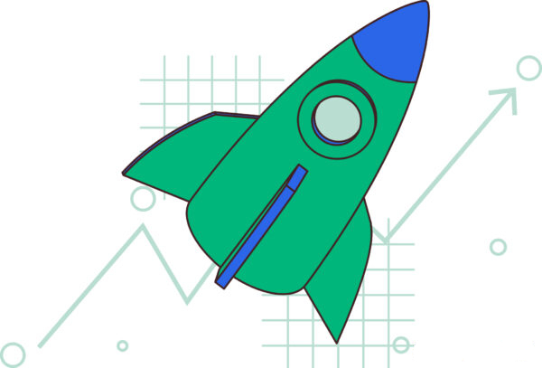 Illustration of a rising rocket with green grid lines, symbolizing growth in buying crypto on Coinmama.