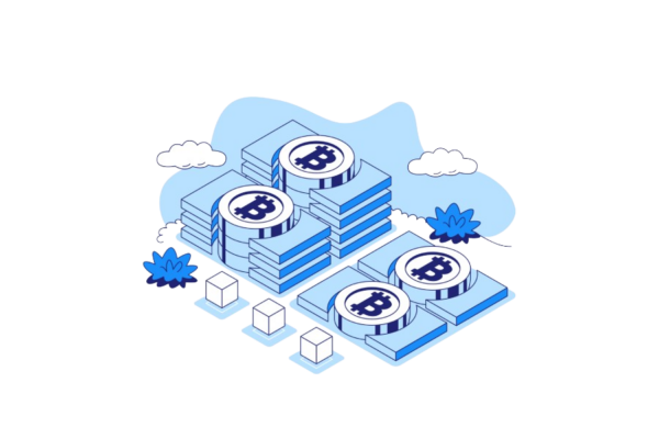 Illustration shows Bitcoin stacks on platforms with clouds, symbolizing modern methods to buy crypto via Coinmama.