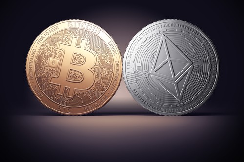 An image of gold Bitcoin and silver Ethereum coins, ideal for those looking to buy crypto on Coinmama.