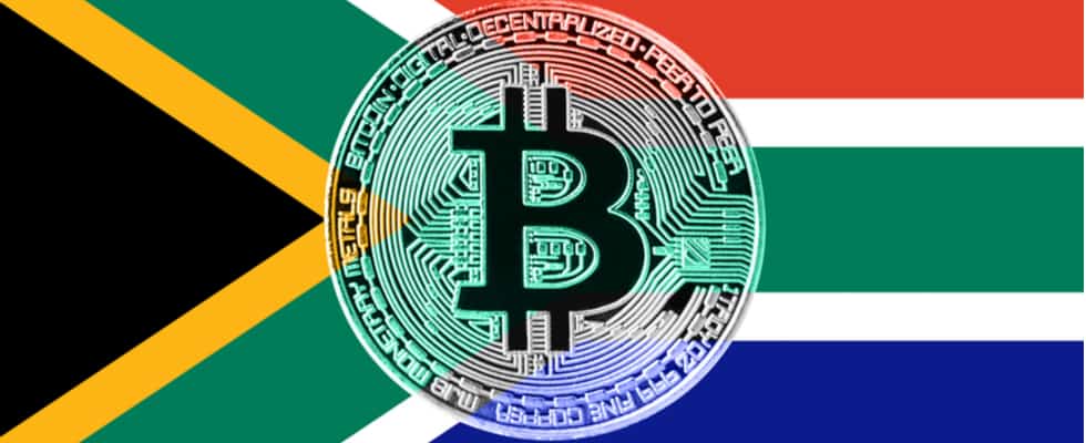 Image: South African flag with a digital Bitcoin symbol, emphasizing how to buy BTC via Coinmama.