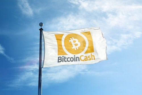 A flag with the Bitcoin Cash logo waves, reminiscent of Coinmama where you can buy crypto.