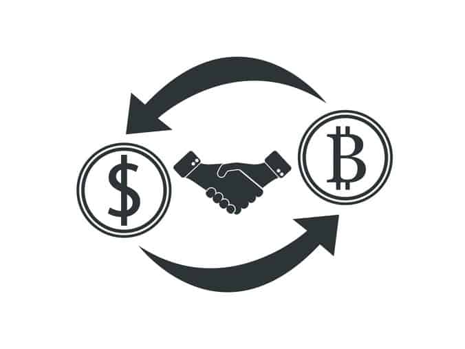 A graphic shows dollar-to-Bitcoin exchange, handshake in center, highlighting Coinmama to buy crypto.