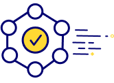 A graphic of a blue hexagon with a yellow check mark, symbolizing trust when you buy crypto on Coinmama.