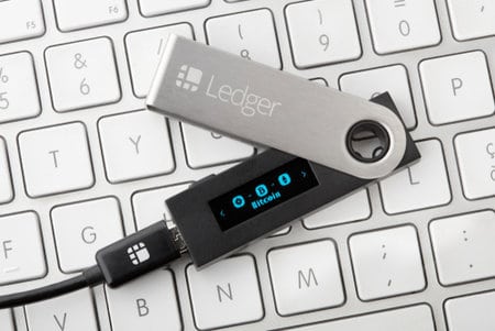 A Ledger hardware wallet, ideal for securing your crypto when you buy bitcoin on Coinmama.