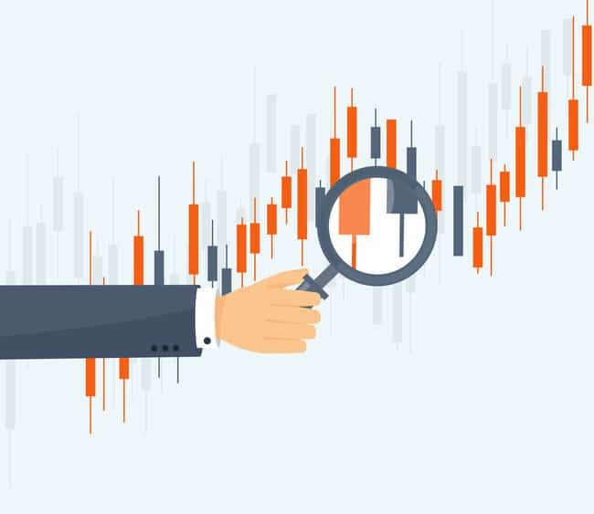 An illustration shows a hand with a magnifying glass examining a rising market chart to buy Bitcoin on Coinmama.