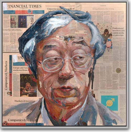A painting of a man with glasses and gray hair, set against financial newspaper pages mentioning "buy bitcoin.