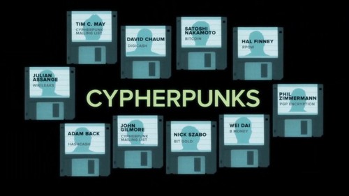 An illustration of nine floppy disks showcases notable cypherpunks like Bitcoin creator Satoshi Nakamoto. Buy crypto on Coinmama.