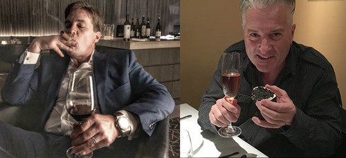 Two men savor wine; one lounges with a cigar, the other enjoys caviar after buying Bitcoin on Coinmama.