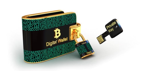 An illustration of a Coinmama digital wallet with Bitcoin logo, secured by a padlock and private key.