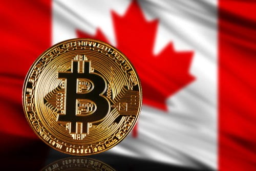 A gold Bitcoin coin against a Canadian flag, highlighting opportunities to buy bitcoin on Coinmama.