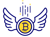 An image of a blue and yellow logo with a Bitcoin symbol; ideal for buy crypto on Coinmama.