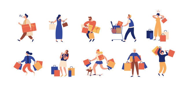 Illustration of people shopping, one holding a "Buy Bitcoin" sign; modern retail excitement meets crypto.