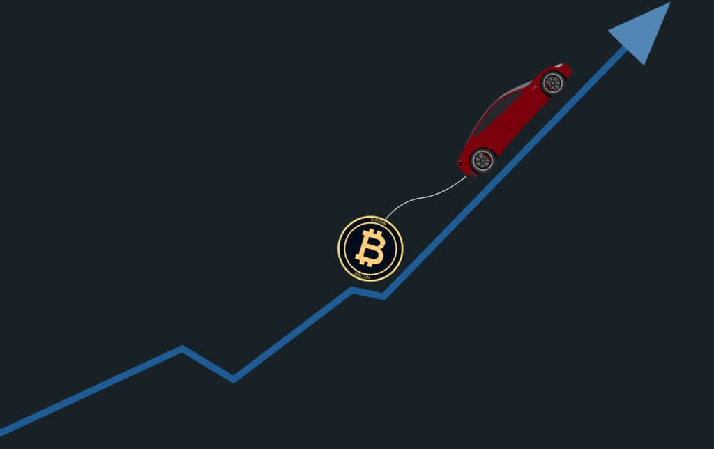 Illustration of a red car driving uphill on a blue graph, tethered to a BTC symbol. Platforms like Coinmama enable you to buy bitcoin.
