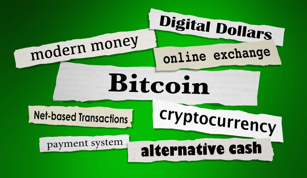 A collage of cryptocurrency phrases on a green background featuring Coinmama to buy Bitcoin.