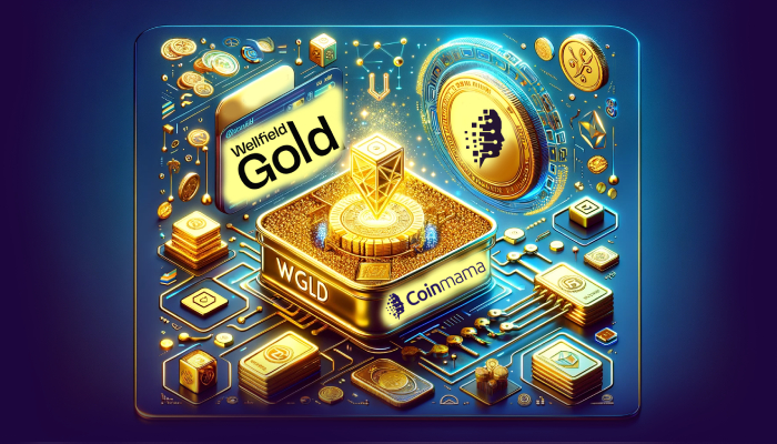 A futuristic illustration features "Wellfield Gold," "WGLD," "Coinmama," and "buy bitcoin" amid digital elements.