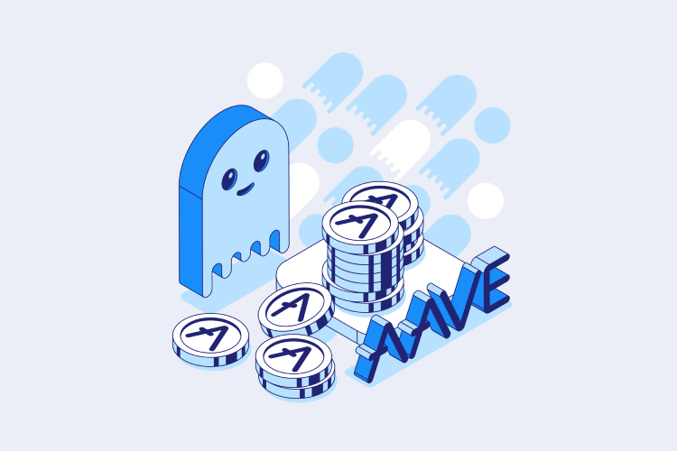 Vector illustration: Aave ghost with coin stacks, highlighting "Aave" and nodding to buying crypto on Coinmama.