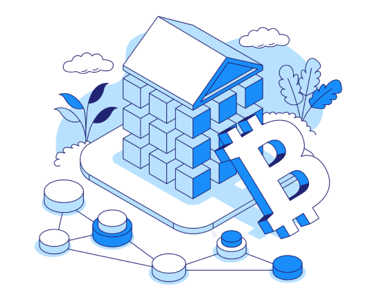 An illustration shows a block building with Bitcoin, symbolizing Coinmama's seamless platform to buy crypto.