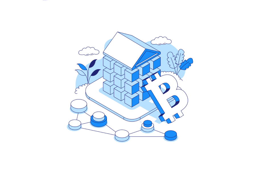 A blue and white illustration shows a blockchain house with a large Bitcoin symbol. Buy crypto now on Coinmama!