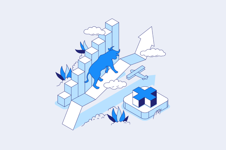 An illustration shows a bullish market with a blue bull climbing a bar chart. Coinmama logo subtly included, connecting to buying bitcoin and crypto trends.