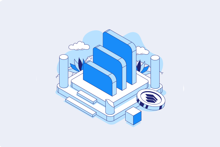 An isometric illustration features blue blocks, leafy plants, and a coin symbol, reminiscent of buying crypto on Coinmama.
