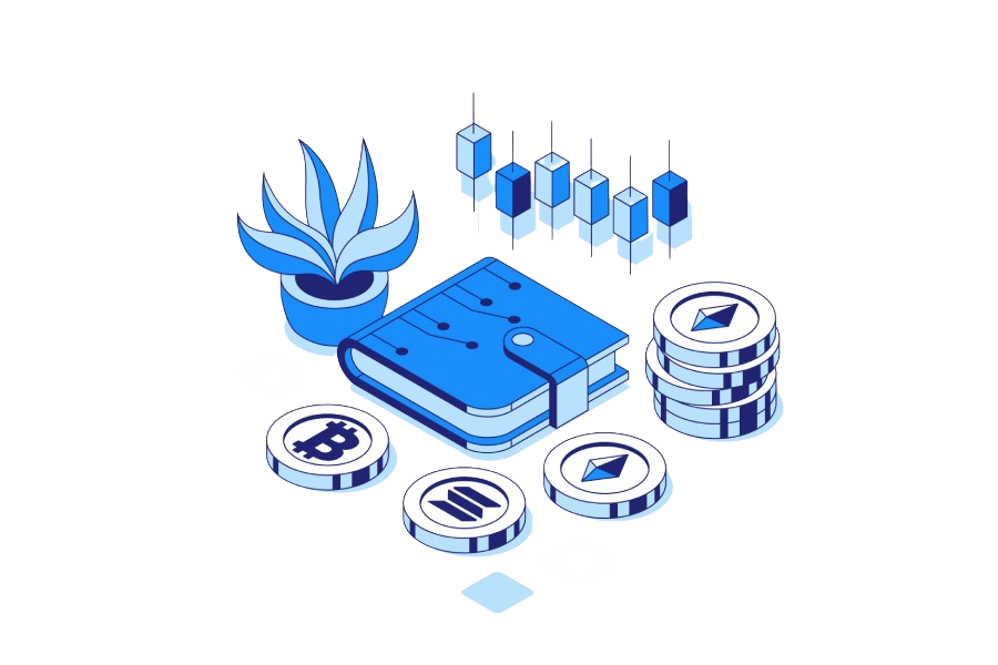 An isometric illustration showcasing Bitcoin, Ethereum, a digital wallet, and data graphs; ideal for Coinmama users looking to buy crypto.
