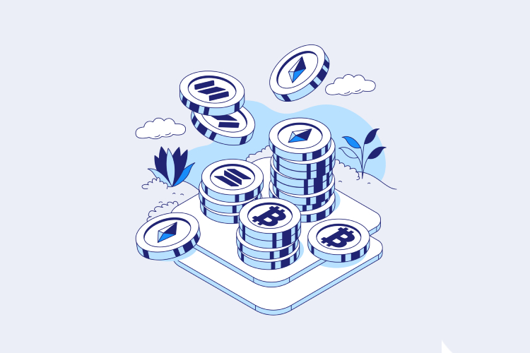 Illustration of stacked Bitcoin and Ethereum coins, promoting buying crypto on Coinmama against a blue background.