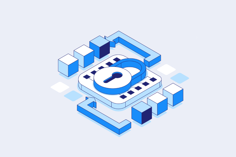 Isometric illustration of digital security: lock on chip, blue hues, protecting data when you buy bitcoin with Coinmama.