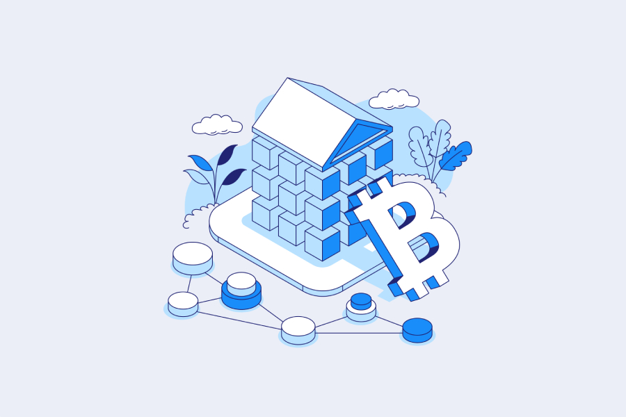 An illustration showcases blockchain technology with Bitcoin; buy crypto easily on Coinmama.