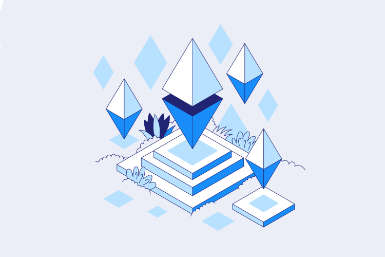 Illustration of four Ethereum logos over a geometric platform, hinting to buy BTC on Coinmama.