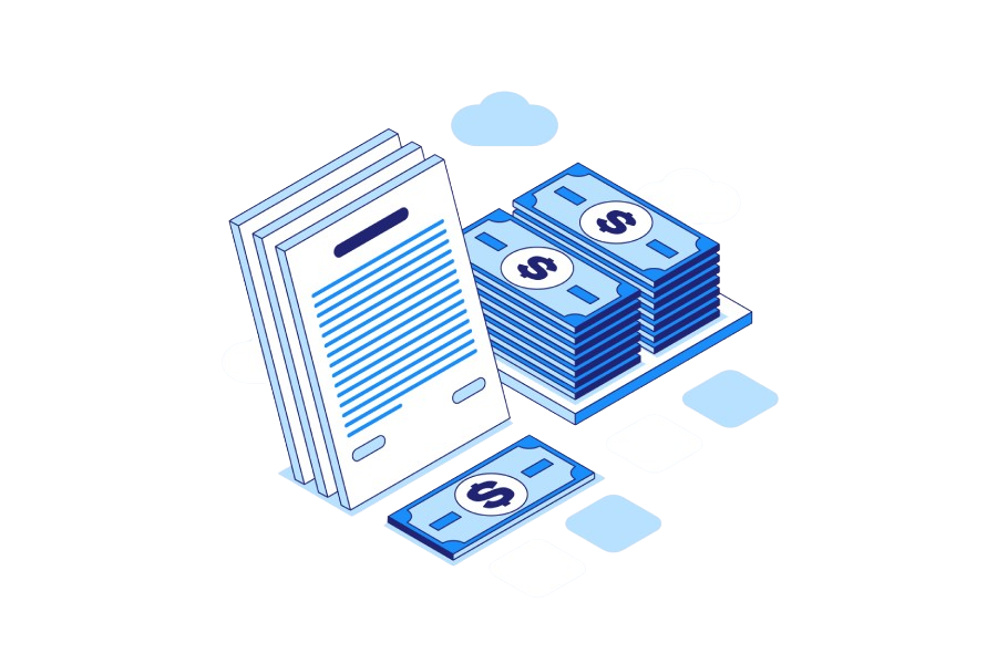 Isometric illustration: Document beside blue dollar stacks. Blue-white clouds symbolize financial documentation or Coinmama buy crypto.