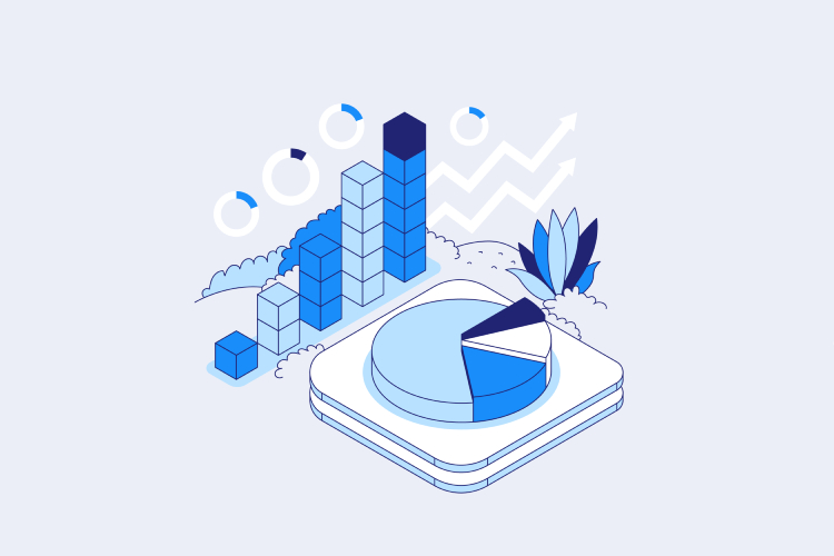 An illustration featuring 3D pie and bar charts represents data growth, with subtle bitcoin trends. Buy crypto on Coinmama.