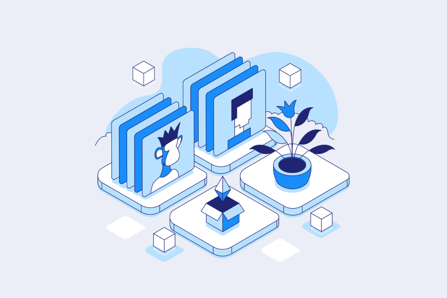 An illustration with three book-like objects, a potted plant, and floating cubes in blue and white. Bitcoin themes subtly included. Ideal for Coinmama or buy crypto content.