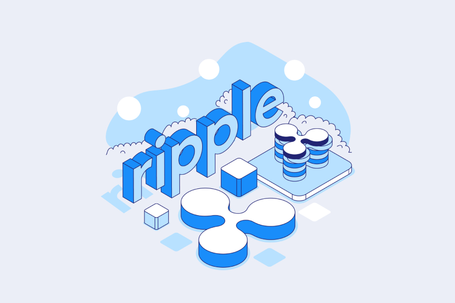 A digital illustration showcasing Ripple text, logo, coins, and a smartphone option to buy BTC on Coinmama.