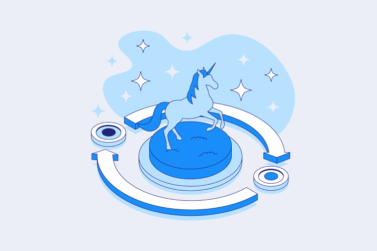 A blue and white unicorn stands on a pedestal, surrounded by icons, illustrating the magic of buying crypto with Coinmama.