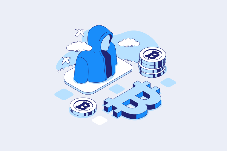 An illustration shows a hooded figure with Bitcoin stacks, symbolizing global crypto exchange via Coinmama.